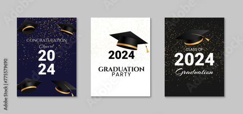 Graduation greeting card design. Celebration party invitation. Congratulations graduates class of 2024 poster. Vector illustration