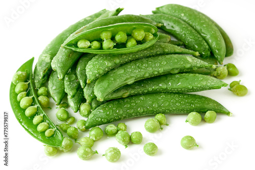 Pile of Sugar snap pea and peeled with seed inside and water droplets isolated on white background. sugar snap pea belong to the leguminosae family. seed large and pods are thick. sweet and crisp. photo