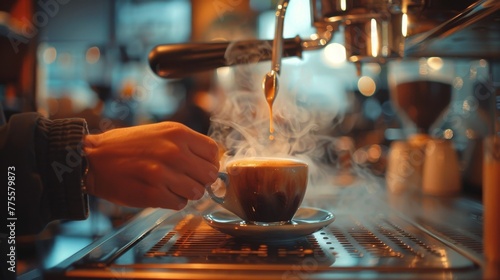Close-up of espresso being brewed with steam rising from coffee machine
