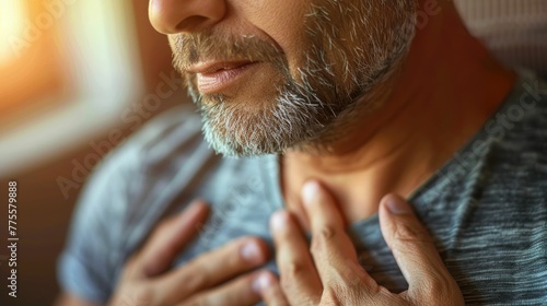 Soft-focused image of someone experiencing esophageal discomfort, with a comforting hand on the chest area photo