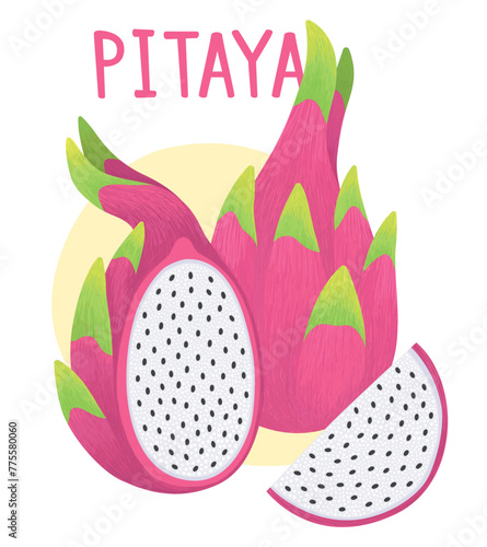 White pitaya. Dragon fruit, pitahaya. Tropical fruits. Cartoon vector illustration. Design for card, poster.