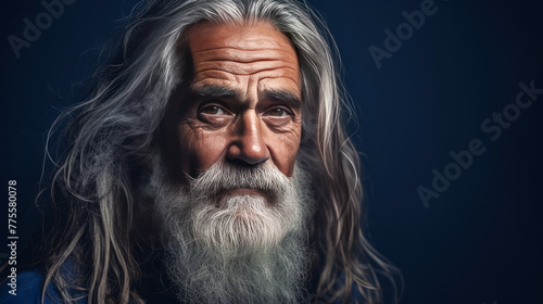 Handsome elderly Latino with long gray hair, on a dark blue background, banner.