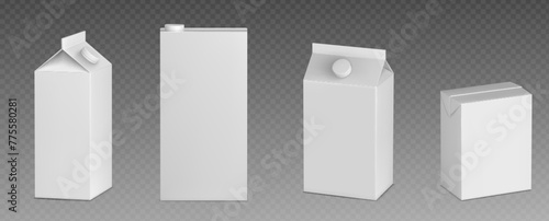 Milk box pack. Blank white carton juice mockup. 3d cardboard drink package template mock up. Realistic beverage container with cap front and side view design. Empty tetra bag clear for wrap branding