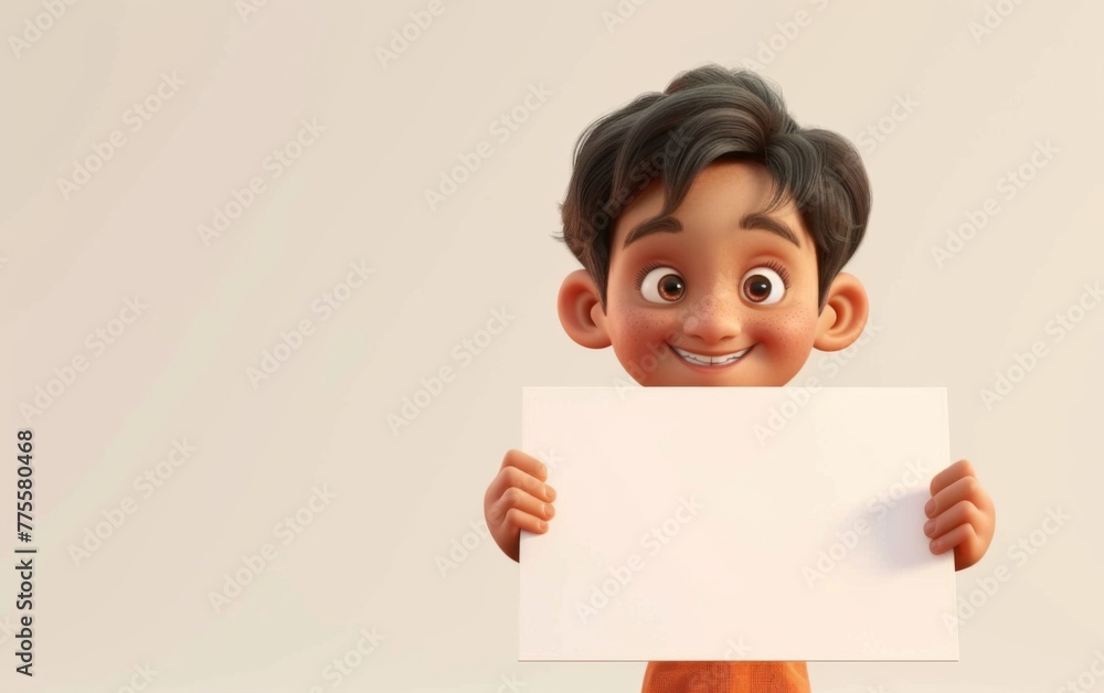 Character cartoon boy points to a blank sheet of paper. 3d rendering. Illustration for advertising. Character cartoon boy points to a blank sheet of paper. 3d rendering. Illustration for advertising.