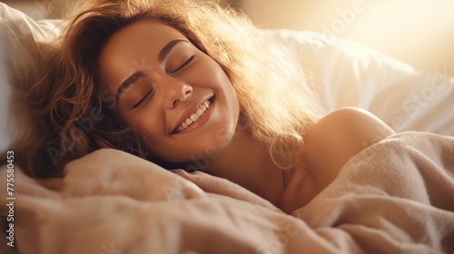 Cute young woman lying under blanket and smiling sleeping having a good morning nap lazy day in bed