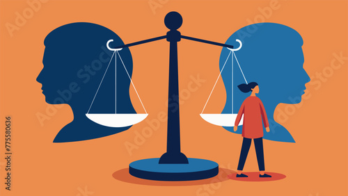 A scale with a person and their shadow on one side representing the unconscious thoughts and attitudes that influence biases.