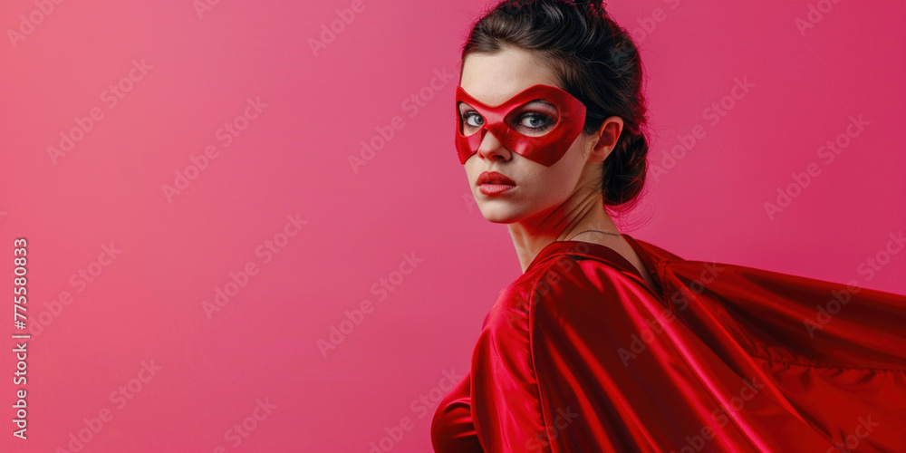 Young woman wearing red superhero cloak and mask on pink background. Feeling confident and powerful woman concept. Copy paste empty place for text Young woman wearing red superhero cloak and mask on pink background. Feeling confident and powerful woman concept. Copy paste empty place for text