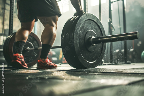 Close-up of a weightlifter lifting heavy weights in a gym.