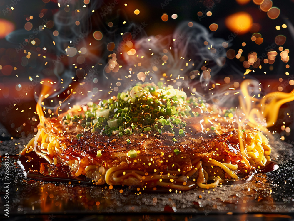 Graphic of a savory okonomiyaki being prepared, with vibrant flashes and sparkles in the background, emphasizing its sizzle