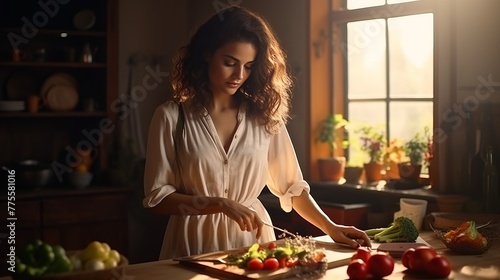 Portrait of woman cooking breakfast chopping vegetables for salad using board and knife standing in photo