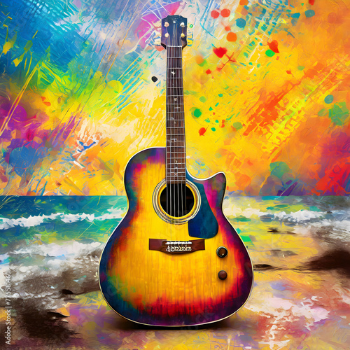 Abstract colorful Guitar in the foreground on Watercolor painting background and Digital illustration brush to art.  © Watercolor_Concept