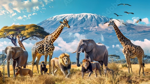 A group of various African animals, including giraffes, lions, elephants, monkeys, and others, standing together with Mount Kilimanjaro in the background. © Yusif