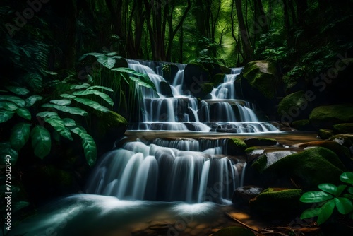 A dramatic long exposure photograph of a waterfall  with the silky water creating a sense of movement against the backdrop of lush greenery