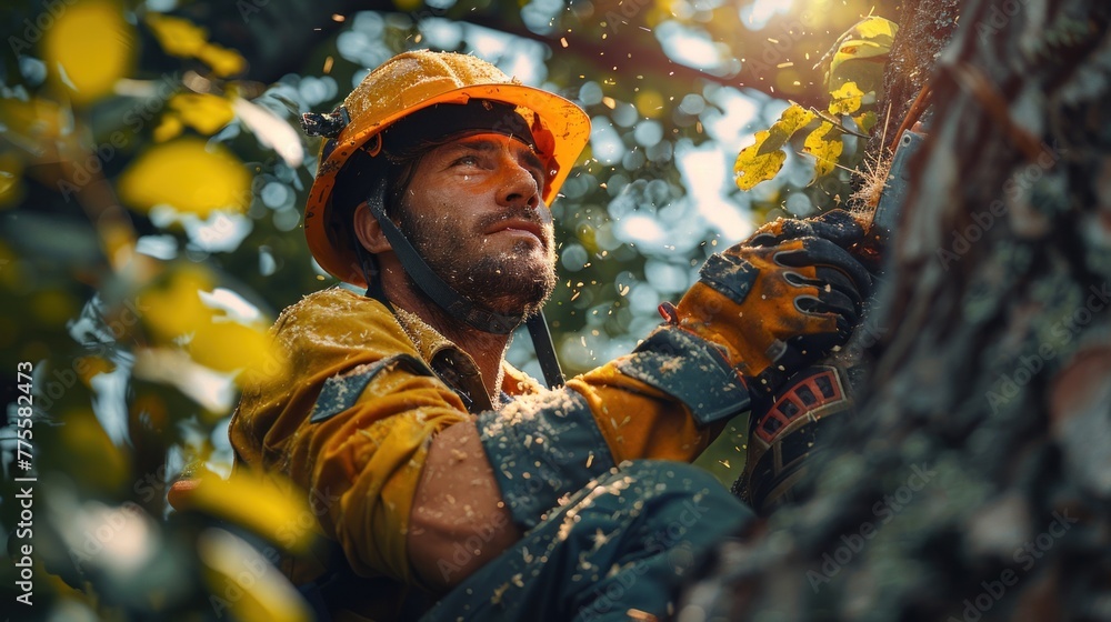Arborist men working to trim trees. Arborist men working to trim trees.