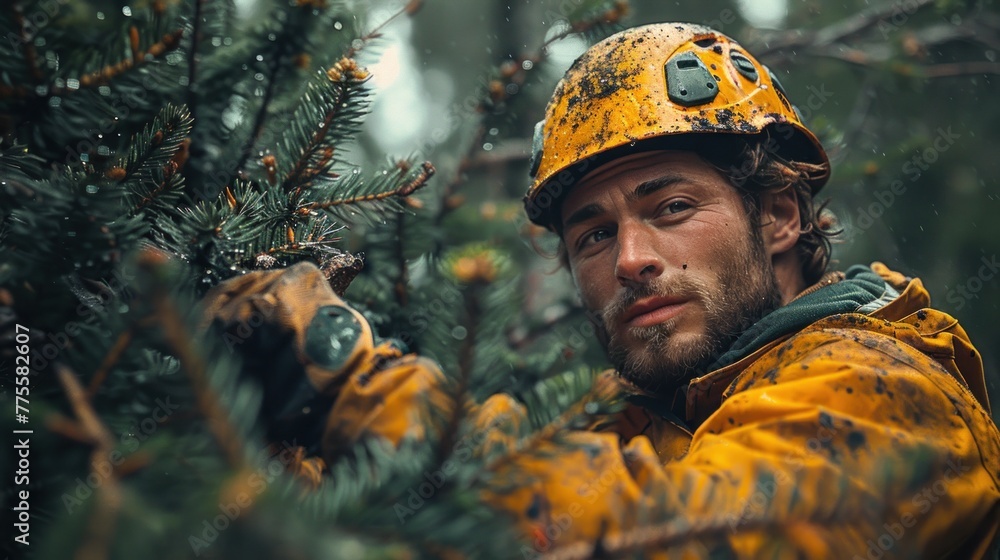 Arborist men working to trim trees. Arborist men working to trim trees.