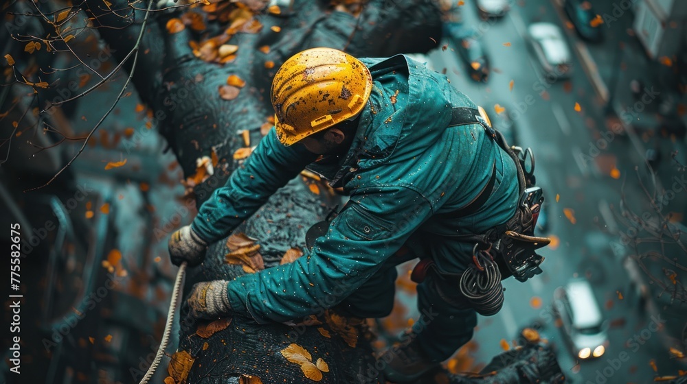 Obraz premium Arborist men working to trim trees.