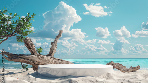 A podium at a tropical beach with sand and driftwood against a blue sky background background for product photography