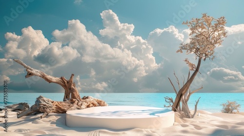 A podium at a tropical beach with sand and driftwood against a blue sky background background for product photography