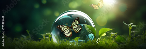 ESG Glowing tree on globe crystal glass ball with butterfly green background with bokeh sun light Earth Day concept with eco friendly environment. photo