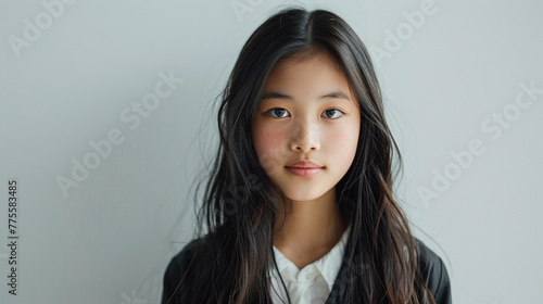 Cute fashionable teenage asian girl - fashion photo, childrens day, kids. Horizontal frame, lightr background photo