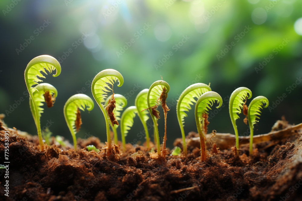 Close up of tiny seeds sprout and grow into vibrant fern plant against the backdrop of fertile soil, the seeds germinate and send out delicate tendrils, reaching towards the light  - obrazy, fototapety, plakaty 