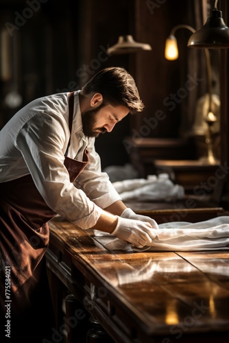 A man wearing an apron is focused on working on a piece of paper, possibly drawing or writing. He is engrossed in his task, demonstrating concentration and creativity