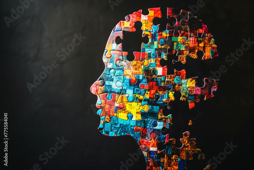 A colorful puzzle of a face with a missing piece