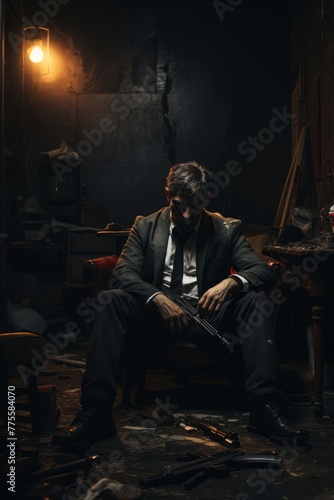 A man is sitting in a dimly lit room, holding a gun in his hand. The room is shadowy, emphasizing the tense and dangerous atmosphere of the scene