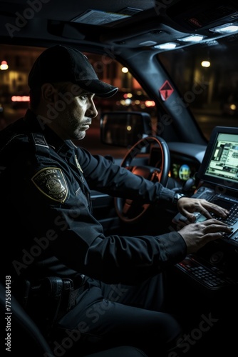 A police officer is seated inside a patrol car, focused on using a laptop for official duties. The officer appears vigilant and engaged in their work, ensuring public safety