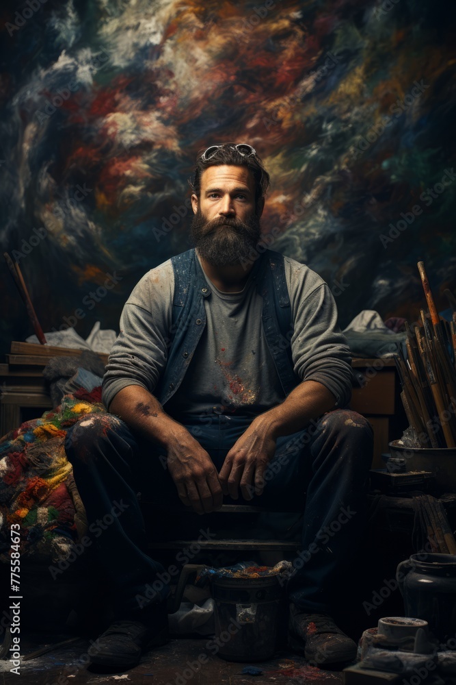 A man with a beard is seated in front of a painting, appearing to be observing it closely. The mans gaze is fixed on the artwork, showcasing a moment of contemplation and appreciation for the piece A man with a beard is seated in front of a painting, appearing to be observing it closely. The mans gaze is fixed on the artwork, showcasing a moment of contemplation and appreciation for the piece