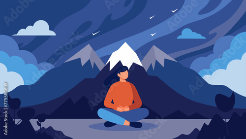 A person sitting on a mountain surrounded by stormy clouds and chaotic weather yet appearing calm and composed representing the ability to