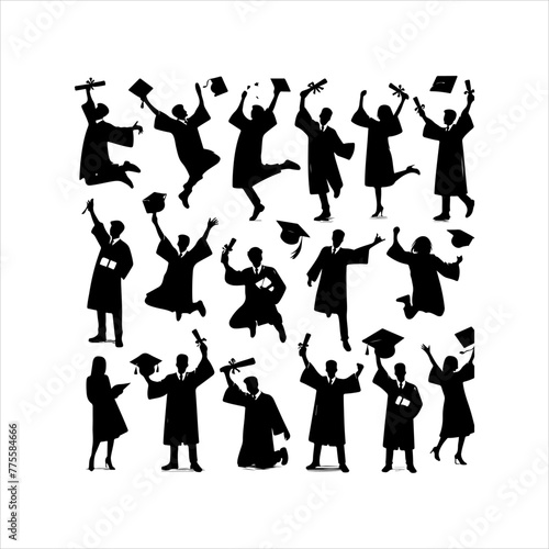 Graduation silhouettes. Graduate student's celebration vector collection set in a different pose