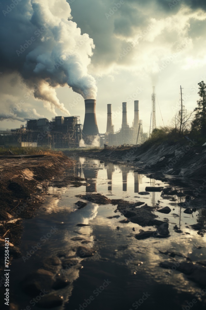 A power plant situated near a body of water is billowing thick smoke from its smokestacks. The smoke is spreading across the sky and mixing with the surrounding environment