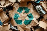 A pile of cardboard boxes with a green recycling symbol on it