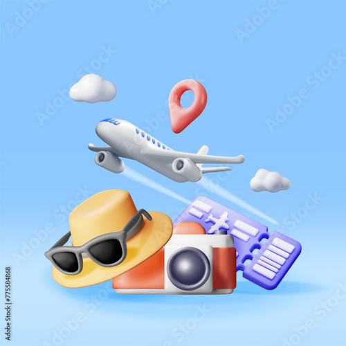 3d Airline Ticket, Sunglasses with Hat, Photo Camera and Airplane. Render Paper Ticket with Plane Icon, Glasses. Travel Element. Holiday or Vacation. Transportation Document. Vector Illustration