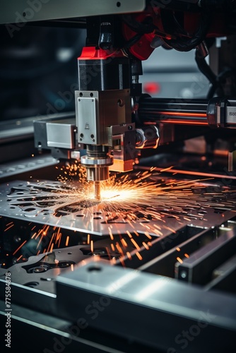 A precision laser cutting machine is seen in operation, cutting a piece of metal with sparks flying. The machine is focused and precise, creating a controlled reaction with the metal