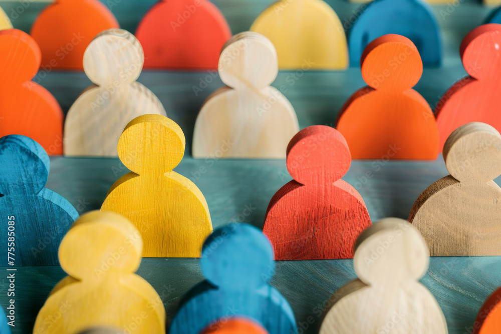 Obraz premium A group of small wooden figures. Corporate business team. Teamwork and community concept