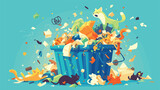 Overflowing trash can. Vector unsorted pile of garb