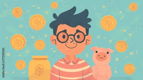 Boy Investing in Retirement Account with Smile Cartoon Style
