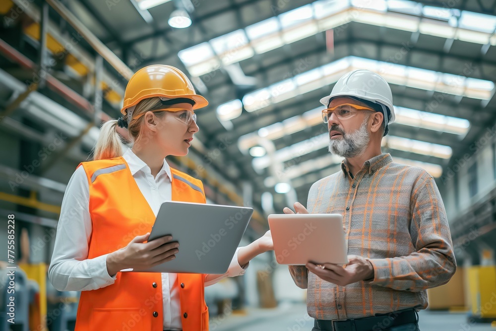 Two men in construction gear are talking to each other while holding laptops. They are discussing something important Two men in construction gear are talking to each other while holding laptops. They are discussing something important