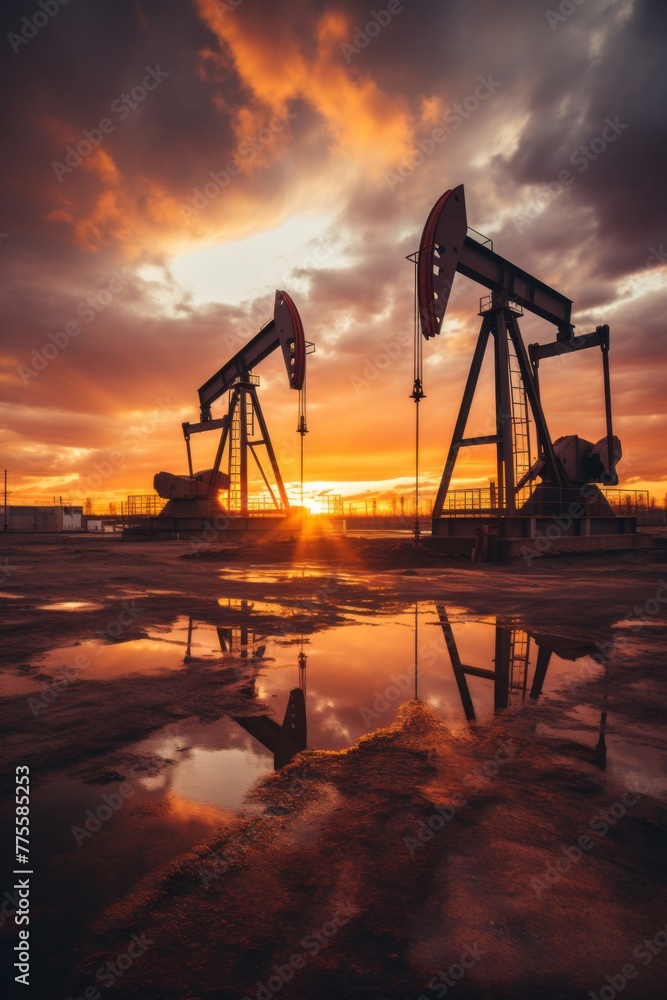 Two pump jacks extracting oil positioned on top of a puddle of water, surrounded by industrial equipment Two pump jacks extracting oil positioned on top of a puddle of water, surrounded by industrial equipment