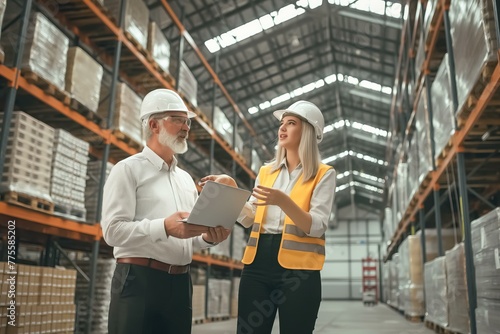 A man and a woman are standing in a warehouse, looking at a laptop. The man is wearing a hard hat and the woman is wearing a yellow vest. They seem to be discussing something important