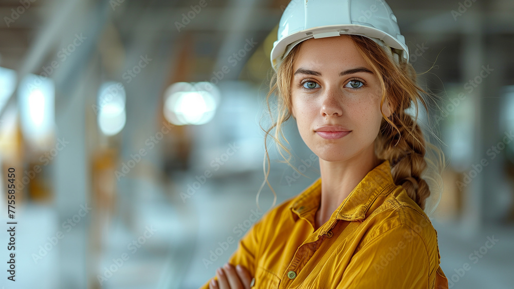 Portrait of a professional female engineer standing with arms crossed confidently, sporting a white hard hat and a yellow shirt, inside a modern building. Portrait of a professional female engineer standing with arms crossed confidently, sporting a white hard hat and a yellow shirt, inside a modern building.