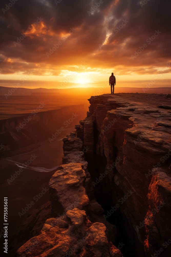 A man is standing on the edge of a cliff during sunset, overlooking the horizon as the sun sets in the background. The silhouette of the man is prominent against the colorful sky
