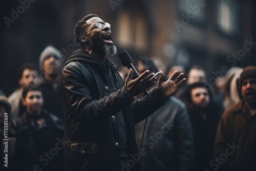 A man named VetalVit A street preacher stands in front of a crowd, passionately delivering a sermon. He holds a microphone, conveying his message with conviction and intensity photo