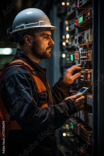 A VetalVit technician in a hard hat is working on a switch panel, inspecting and possibly repairing it. The scene shows focused work on electrical components