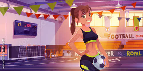 Girl with ball in school court for soccer cartoon background. Indoor gym hall room with football playground interior and net gate. Tribune, scoreboard and window in university campus fitness area photo