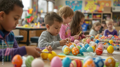 A toddler is sitting at a table happily painting Easter eggs  showcasing his adaptation skills and having fun in a leisure activity. His smile shows he is enjoying the recreation time AIG42E