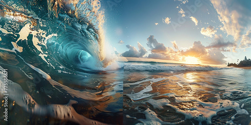 On the north shore of Oahu, Hawaii, a perfect large breaking ocean barrel wave was captured AI-generated Image photo