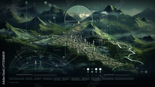 concept artwork of zen house, nature and people in water in the mountains, in the style of illustrated advertisements, data visualization, dark gray and green, the vancouver school, highly detailed fi